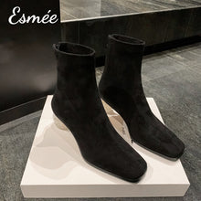 Load image into Gallery viewer, Black-Suede-Ankle-Boots-with-Pearl-Heels-product-shots
