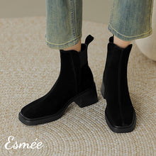 Load image into Gallery viewer, Black-Suede-Ankle-Boots-with-Ribbon-Rear-Design-model-shots
