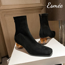 Load image into Gallery viewer, Black-Suede-Ankle-Boots-with-Round-Transparent-Heels-product-shots
