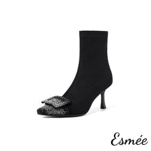 Load image into Gallery viewer, Black-Suede-Ankle-Boots-with-Stiletto-Heels-and-Diamond-Buckle-Design-product-shots-white-background
