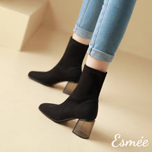 Load image into Gallery viewer, Black-Suede-Ankle-Boots-with-Transparent-Heels-model-shots
