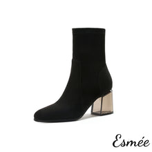 Load image into Gallery viewer, Black-Suede-Ankle-Boots-with-Transparent-Heels-product-shots-white-background
