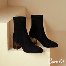 Load image into Gallery viewer, Black-Suede-Ankle-Boots-with-Transparent-Heels-product-shots
