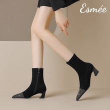 Load image into Gallery viewer, Black-Suede-Ankle-High-Heel-Boots-with_Rhinestone-Toe-Cap-model-shots
