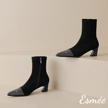 Load image into Gallery viewer, Black-Suede-Ankle-High-Heel-Boots-with_Rhinestone-Toe-Cap-product-shots
