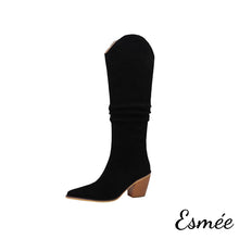 將圖片載入圖庫檢視器 Black-Suede-Cowboy-Long-Boots-with-Block-Heels-product-shots-white-background
