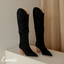 Load image into Gallery viewer, Black-Suede-Cowboy-Long-Boots-with-Block-Heels-product-shots
