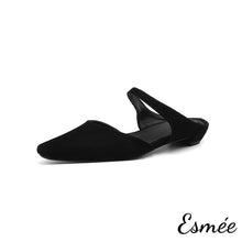 Load image into Gallery viewer, Black-Suede-Flat-Mules-with-Straps-Design-product-shots-white-background
