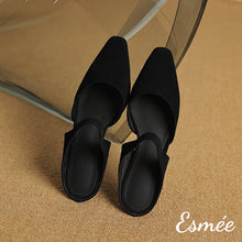 Load image into Gallery viewer, Black-Suede-Flat-Mules-with-Straps-Design-product-shots
