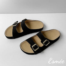 將圖片載入圖庫檢視器 Black-Suede-Flat-Sandals-with-Double-Thick-Straps-Design-product-shots
