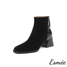 將圖片載入圖庫檢視器 Black-Suede-High-Heel-Ankle-Boots-with-Alligator-Pattern-Design-product-shots-white-background
