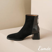 將圖片載入圖庫檢視器 Black-Suede-High-Heel-Ankle-Boots-with-Alligator-Pattern-Design-product-shots
