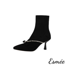 將圖片載入圖庫檢視器 Black-Suede-High-Heel-Ankle-Boots-with-Bow-Knot-and-Pearl-Design-product-shots-white-background
