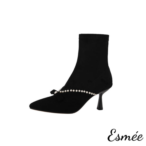 Black-Suede-High-Heel-Ankle-Boots-with-Bow-Knot-and-Pearl-Design-product-shots-white-background