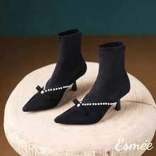 Load image into Gallery viewer, Black-Suede-High-Heel-Ankle-Boots-with-Bow-Knot-and-Pearl-Design-product-shots
