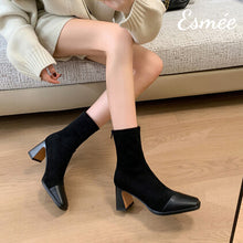 Load image into Gallery viewer, Black-Suede-High-Heel-Ankle-Boots-with-Leather-Toe-Cap-model-shots
