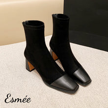 Load image into Gallery viewer, Black-Suede-High-Heel-Ankle-Boots-with-Leather-Toe-Cap-product-shots
