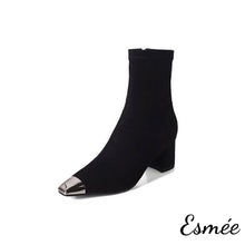 將圖片載入圖庫檢視器 Black-Suede-High-Heel-Ankle-Boots-with-Metallic-Toe-Cap-product-shots-white-background
