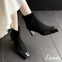 Load image into Gallery viewer, Black-Suede-High-Heel-Ankle-Boots-with-Patent-Leather-Toe-Cap-model-shots-1
