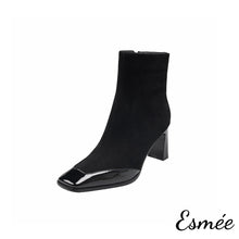 Load image into Gallery viewer, Black-Suede-High-Heel-Ankle-Boots-with-Patent-Leather-Toe-Cap-product-shots-white-background
