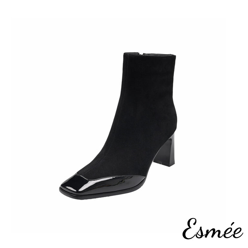 Black-Suede-High-Heel-Ankle-Boots-with-Patent-Leather-Toe-Cap-product-shots-white-background