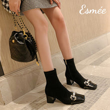 將圖片載入圖庫檢視器 Black-Suede-High-Heel-Ankle-Boots-with-Pearl-Horsebit-Design-model-shots
