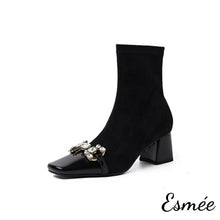 Load image into Gallery viewer, Black-Suede-High-Heel-Ankle-Boots-with-Pearl-Horsebit-Design-product-shots-white-background
