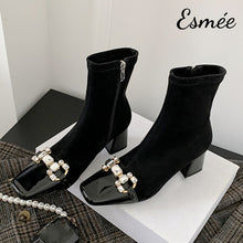 Load image into Gallery viewer, Black-Suede-High-Heel-Ankle-Boots-with-Pearl-Horsebit-Design-product-shots
