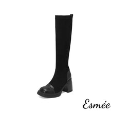 Load image into Gallery viewer, Black-Suede-High-Heel-Long-Boots-with-Leather-Toe-and-Heel-Cap-product-shots-white-background
