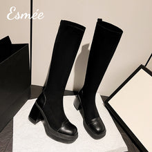 Load image into Gallery viewer, Black-Suede-High-Heel-Long-Boots-with-Leather-Toe-and-Heel-Cap-product-shots
