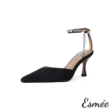 Load image into Gallery viewer, Black-Suede-High-Heel-Mules-with-Diamond-Ankle-Straps-product-shots-white-background
