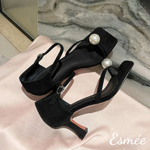 Load image into Gallery viewer, Black-Suede-High-Heel-Sandals-with-Pearl-Design-product-shots
