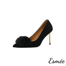 Load image into Gallery viewer, Black-Suede-High-Heels-with-Fuzz-Ball-Design-product-shots-white-background
