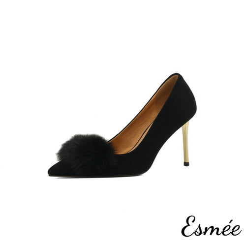 Black-Suede-High-Heels-with-Fuzz-Ball-Design-product-shots-white-background