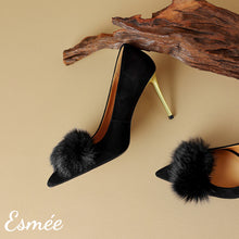 Load image into Gallery viewer, Black-Suede-High-Heels-with-Fuzz-Ball-Design-product-shots
