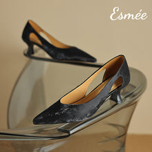 Load image into Gallery viewer, Black-Suede-High-Heels-with-Special-Cutting-Design-product-shots
