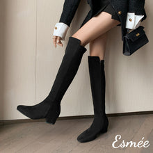 Load image into Gallery viewer, Black-Suede-Knee-Boots-with-Block-Heels-model-shots
