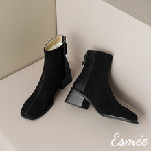 Load image into Gallery viewer, Black-Suede-Leather-Ankle-Boots-with-Block-Heels-product-shots
