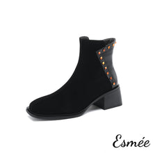 Load image into Gallery viewer, Black-Suede-Leather-Ankle-Boots-with-Rivets-Design-product-shots-white-background
