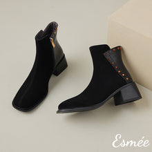 Load image into Gallery viewer, Black-Suede-Leather-Ankle-Boots-with-Rivets-Design-product-shots
