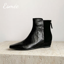 Load image into Gallery viewer, Black-Suede-Leather-Ankle-Boots-with-Wedge-Heels-product-shots
