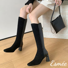 Load image into Gallery viewer, Black-Suede-Leather-Long-Boots-with-Block-Heels-model-shots
