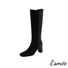 Load image into Gallery viewer, Black-Suede-Leather-Long-Boots-with-Block-Heels-product-shots-white-background
