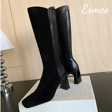 Load image into Gallery viewer, Black-Suede-Leather-Long-Boots-with-Block-Heels-product-shots
