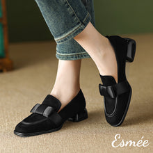 Load image into Gallery viewer, Black-Suede-Loafers-with-Bow-Knot-Design-model-shots
