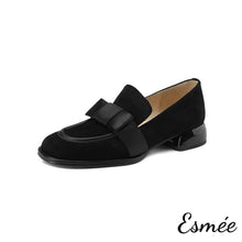 Load image into Gallery viewer, Black-Suede-Loafers-with-Bow-Knot-Design-product-shots-white-background
