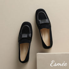 Load image into Gallery viewer, Black-Suede-Loafers-with-Bow-Knot-Design-product-shots
