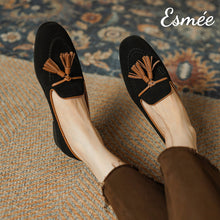 Load image into Gallery viewer, Black-Suede-Loafers-with-Brown-Leather-Tassel-model-shots
