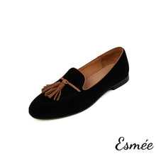 Load image into Gallery viewer, Black-Suede-Loafers-with-Brown-Leather-Tassel-product-shots-white-background
