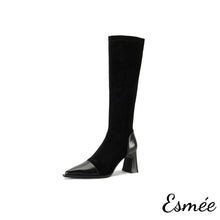 Load image into Gallery viewer, Black-Suede-Long-Boots-with-Leather-Toe-and-Heel-Cap-product-shots-white-background
